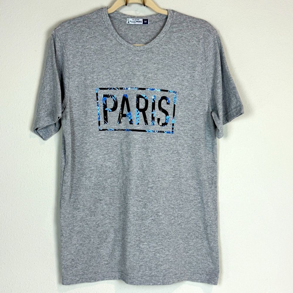 Paris Souvenir Grey T-Shirt Blue Floral Short Sleeve M